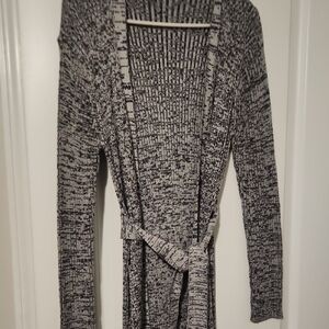 Stylish Black and White Women's Tie Up Long Length Sweater